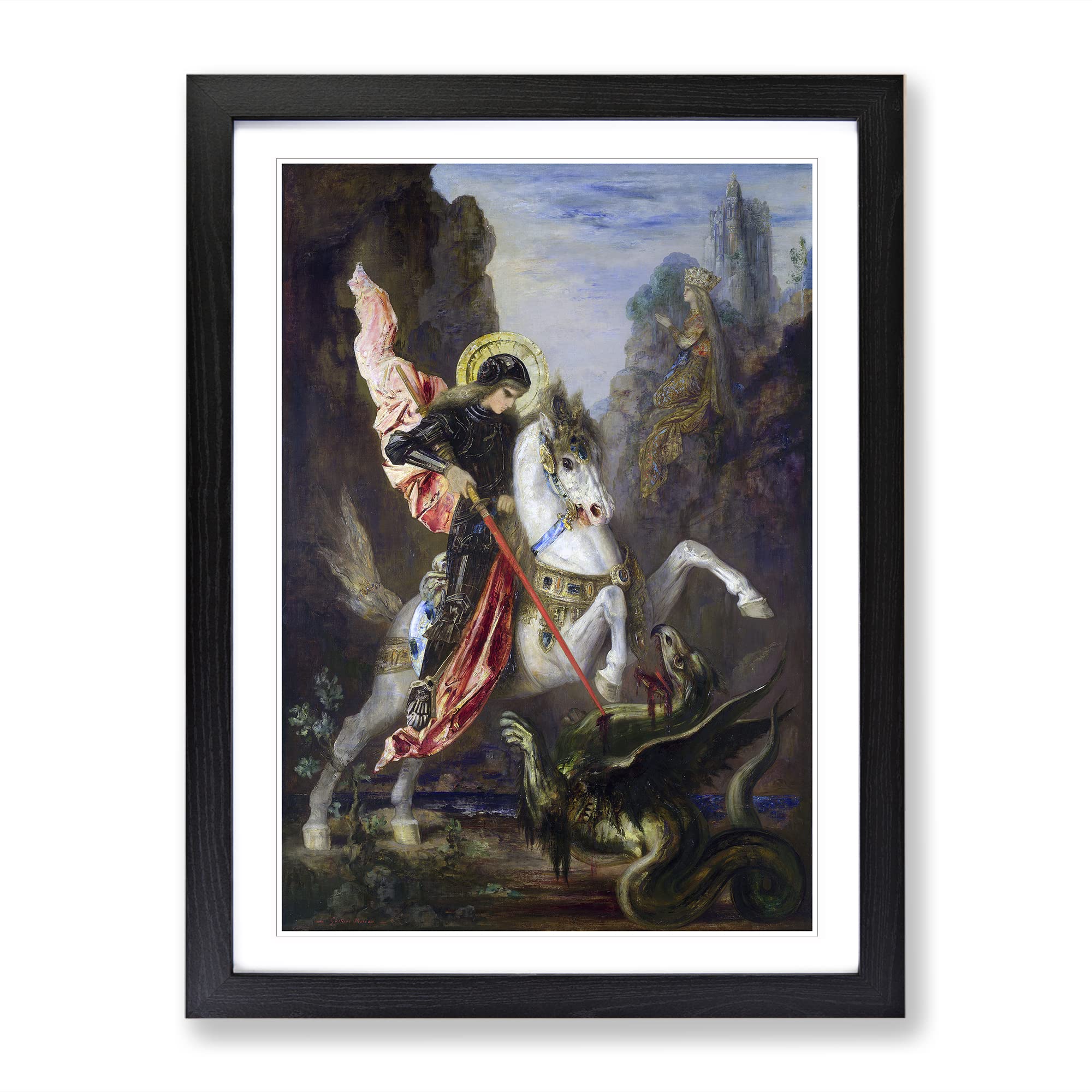 St George And The Dragon By Gustave Moreau Classic Painting Framed Wall Art Print, Ready to Hang Picture for Living Room Bedroom Home Office Décor, Black A4 (34 x 25 cm)