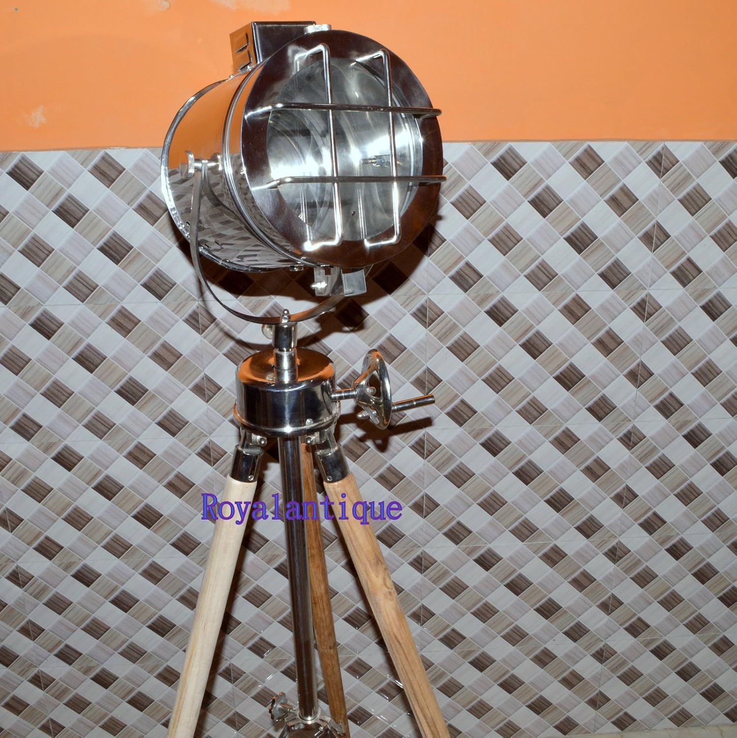 Designer Steel Spotlight Floor Lamp With Teak Wood Tripod Stand Chrome Light Amazon Com