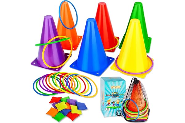 Eocolz 3 in 1 Carnival Games Set, Soft Plastic Cones Bean Bags Ring Toss Games for Kids Birthday Party Outdoor Games Supplies