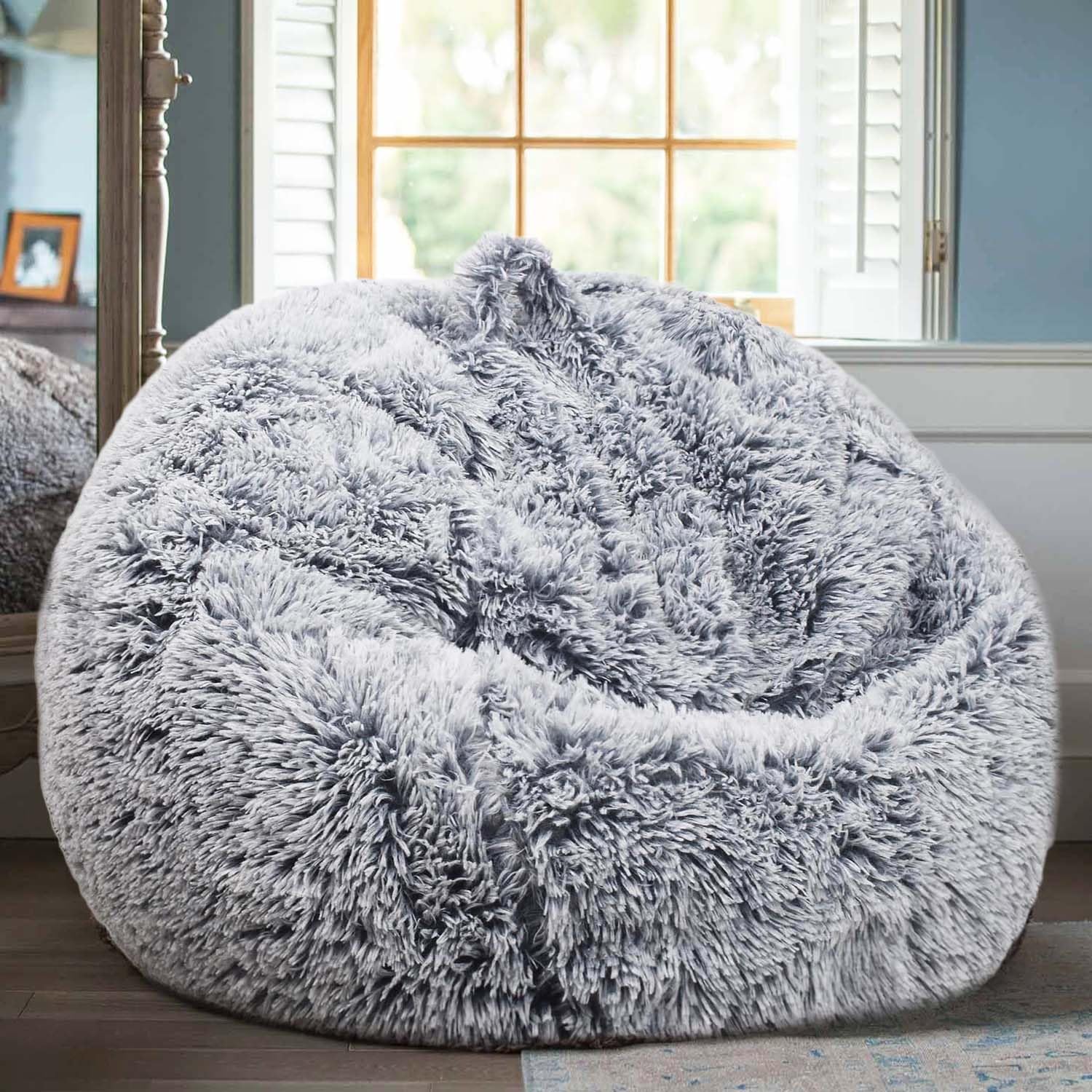 Photo 1 of Fluffy Stuffed Animal Storage Bean Bag Chair Cover (No Filler), Faux Fur Comfy Bean Bag Cover for Organizing Plush Toys or Textile, for Adults Teens Kids Girls, Gray