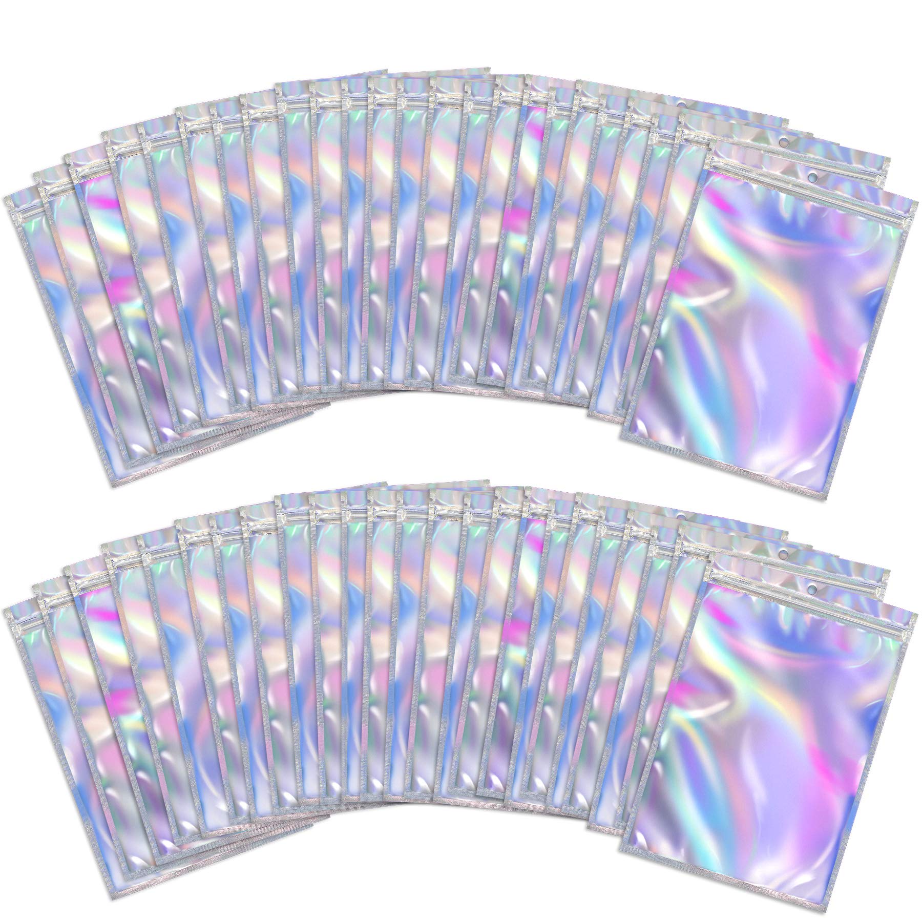 BQTQ 150 Pieces Foil Ziplock Bags Resealable Smell Proof Bags Flat Foil Pouch Metallic Bags for Party Favours Food Storage, Holographic, 7.5x12cm