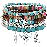WCRAZYE Western Cowgirl Bracelets for Women Handmade Turquoise Bull Head Cow Boot Beaded Stackable Stretch Bracelets Bohemian Jewelry Gifts