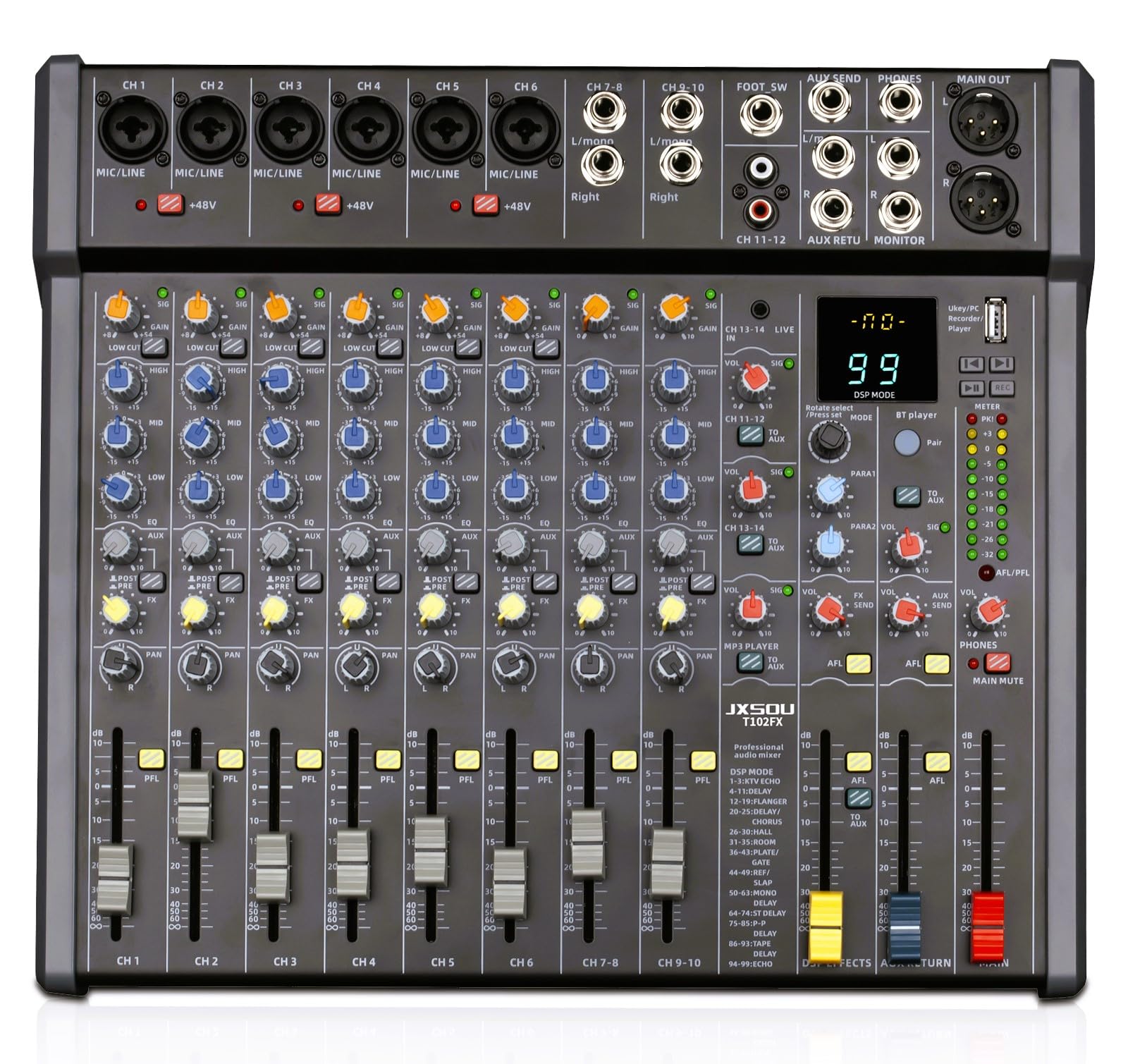 JXSOU Audio Mixer, 14-Channel DJ Mixer Bluetooth