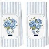 MZKZCHFE Chinoiserie Hydrangea Floral Kitchen Towels, Grandmillennial Floral Dish Tea Towels, Blue Striped Hydrangea Flower Hand Towel for Bathroom Kitchen Decor, 16x24 Inch Set of 2
