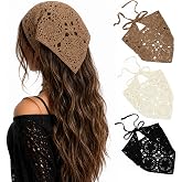 Jaciya Crochet Hair Bandanas Head Scarf for Women Boho Headbands for Women | Crochet Triangle Headscarf, Hollow Floral Knit Bandana Head Wrap for Gothic Y2K Punk Halloween, 3 Colors Black Brown Ivory