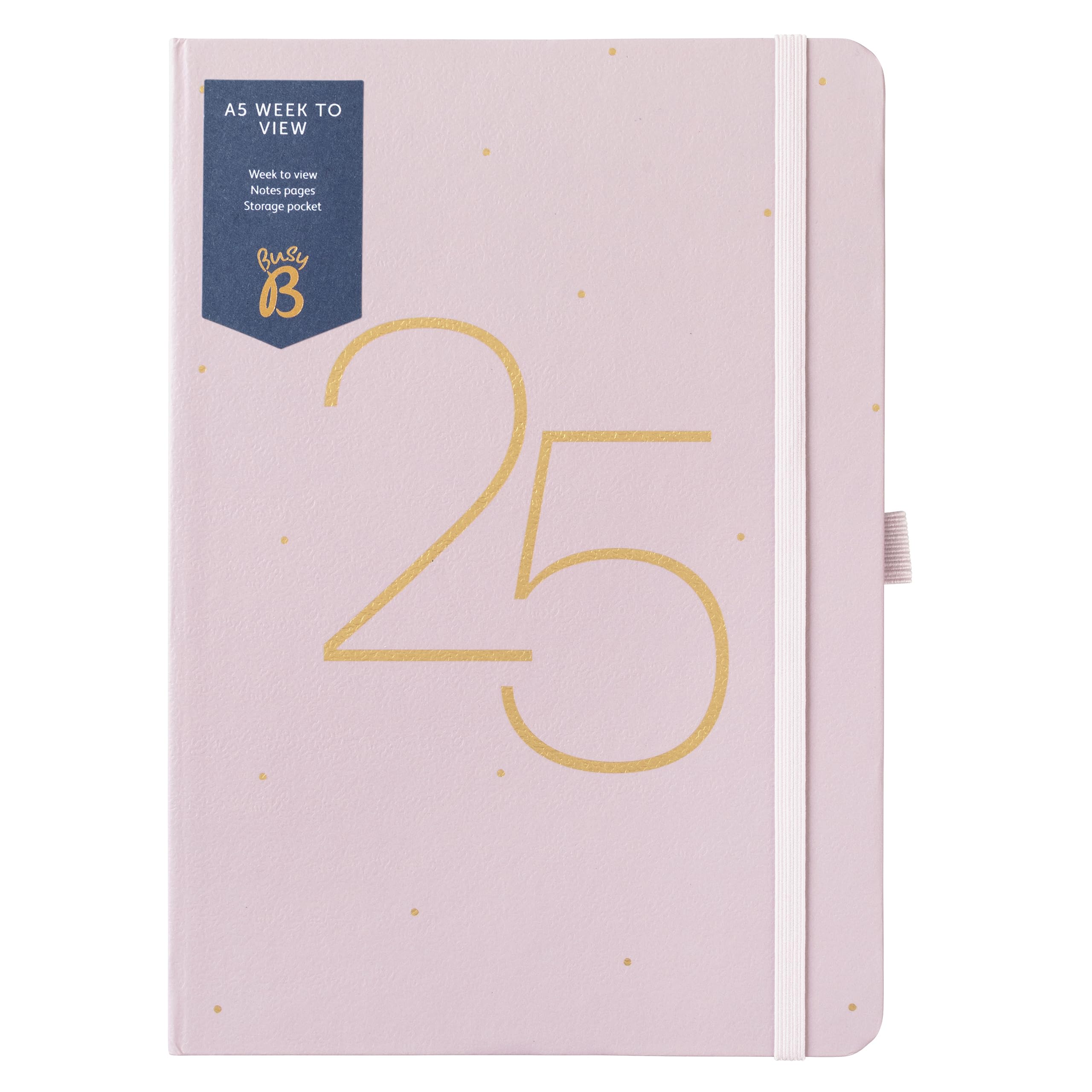 Busy B A5 Weekly Planner Diary 2025 - Compact Diary for Students, Teachers, Work & More With a Week-to-View Layout, Notes Pages, Storage Pocket & Elastic Closure Band - Pink Planner Jan-Dec