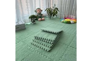 Gangdise 12 PCS Thickened Plush Interlocking Floor Mat Fluffy Square Tiles with 16 Edgings Soft Anti-Slip Puzzle Area Rug for