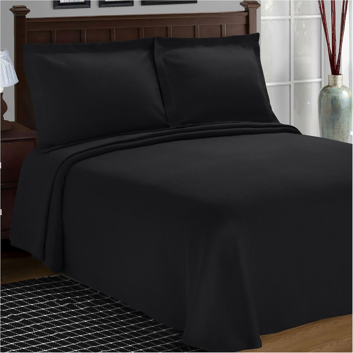 SUPERIOR Cotton Bedspread and Pillow Shams - Jacquard Matelassee Coverlet, Cotton Quilt, Black, King Size