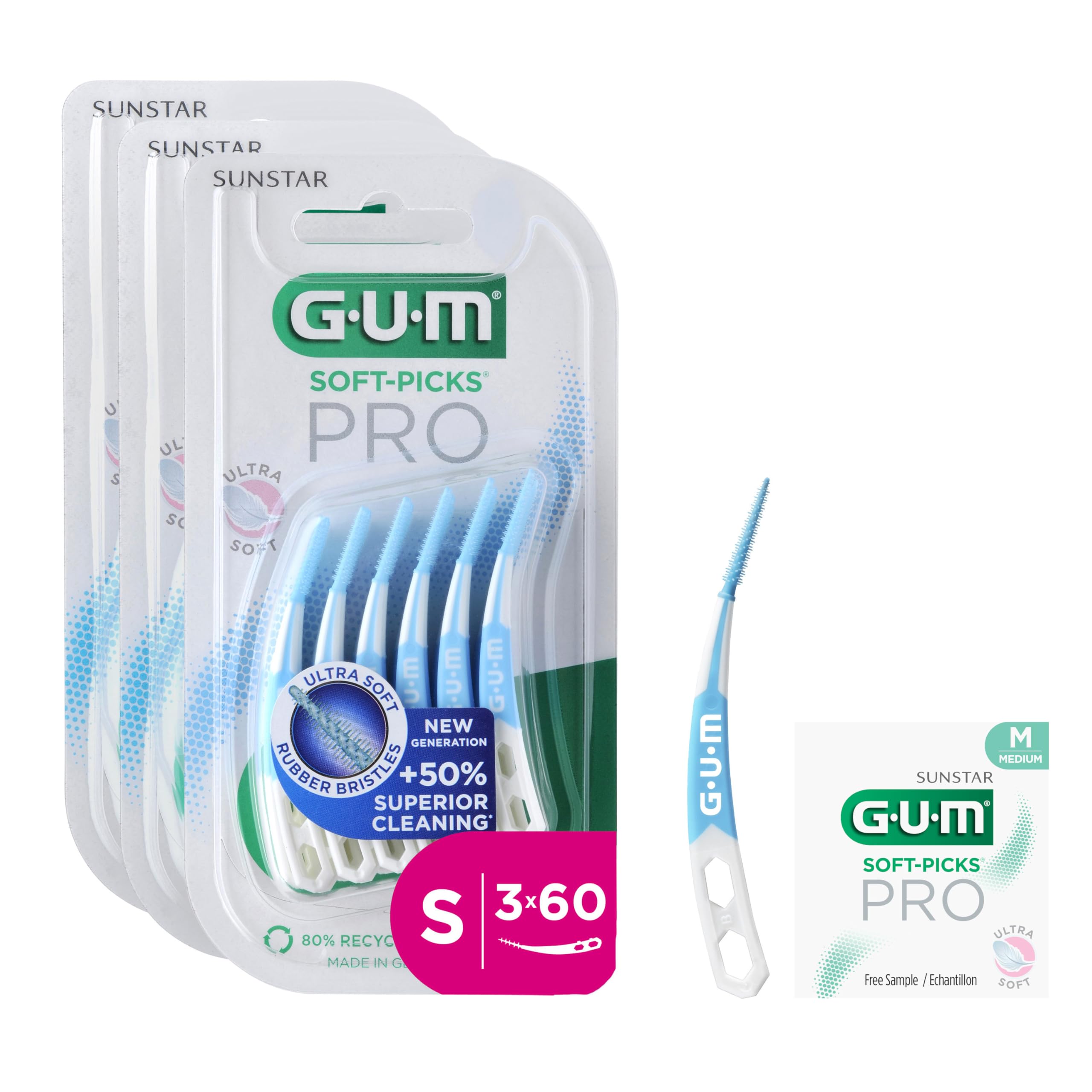 GUM Soft-Picks PRO interdental Cleaners | Curved Shape for Easy Access to Hard-to-Reach Areas | Gentle Action for Sensitive Gums | [S - 3x60] (+1 Bonus Sample)