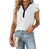 Blooming Jelly Women's Dressy Casual Tops Business Work Blouses White Button Down Shirts Cap Sleeve V Neck Tshirt