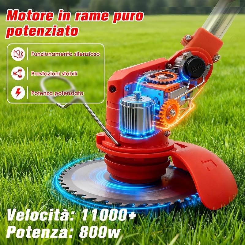 Decespugliatore a Batteria, Decespugliatore Elettrico a Batteria, dotato di 2 batterie e 4 lame, Tosaerba a batteria Tosaerba Pieghevole da 800W,adatto per tagliare l'erba di prati e cespugli