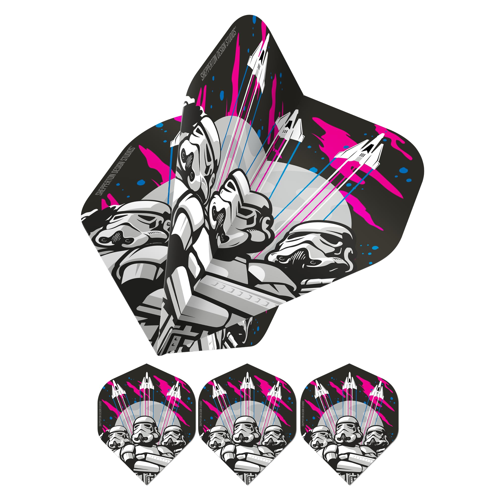 Shepperton Design Studios Original Stormtrooper Officially Licensed Dart Flights, Standard No2 Shape, 100 Micron, Three Stormtroopers spacecraft, 5 Sets of 3 Flights (5XF4156)