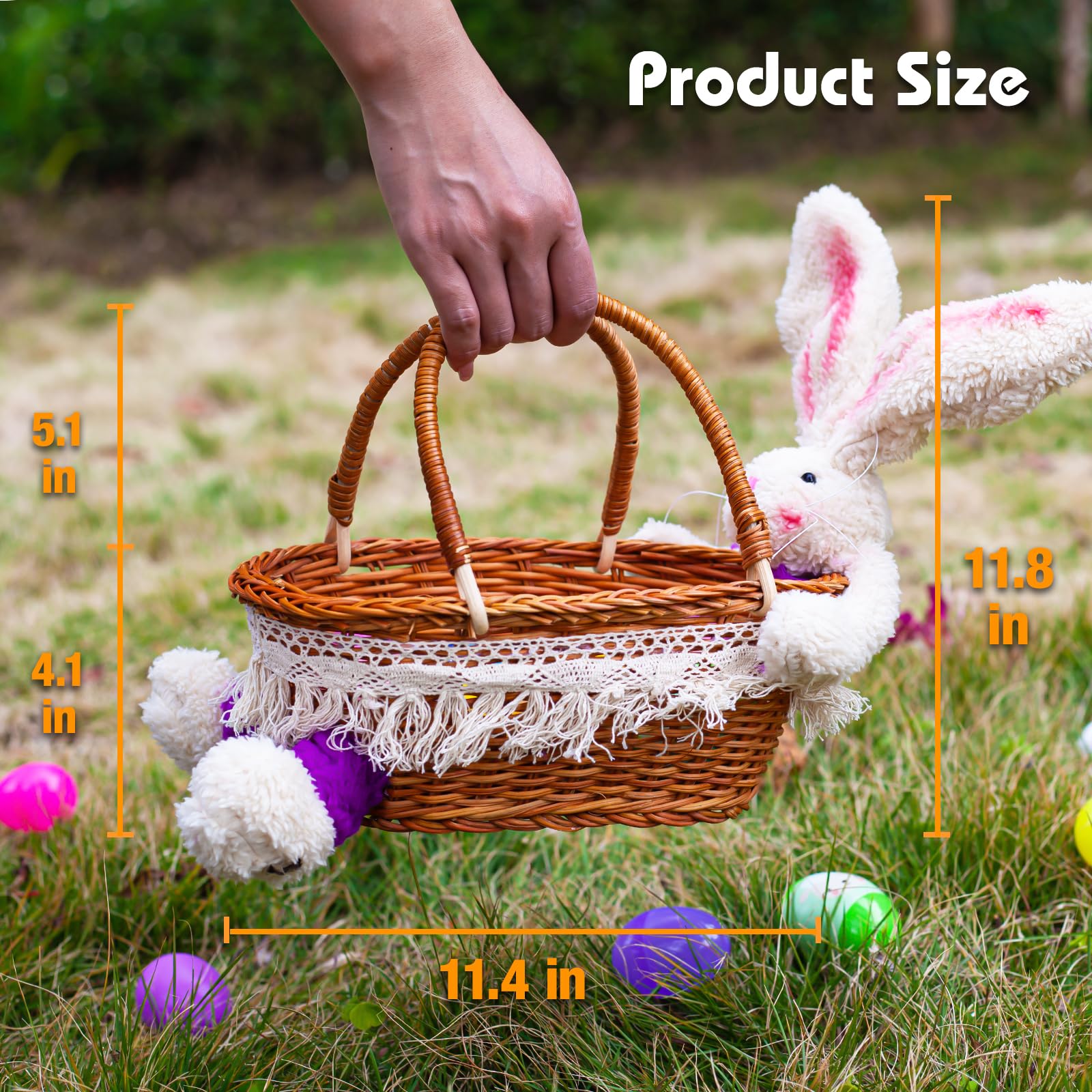 Exun Wicker Easter Basket with Stuffed Bunny Plush and Handle for Kids Girls Boys Toddlers - Brown Hand Woven Willow Basket for Egg Hunt Rabbit Eggs Gift Bags Portable Party Candy Storage Decoration