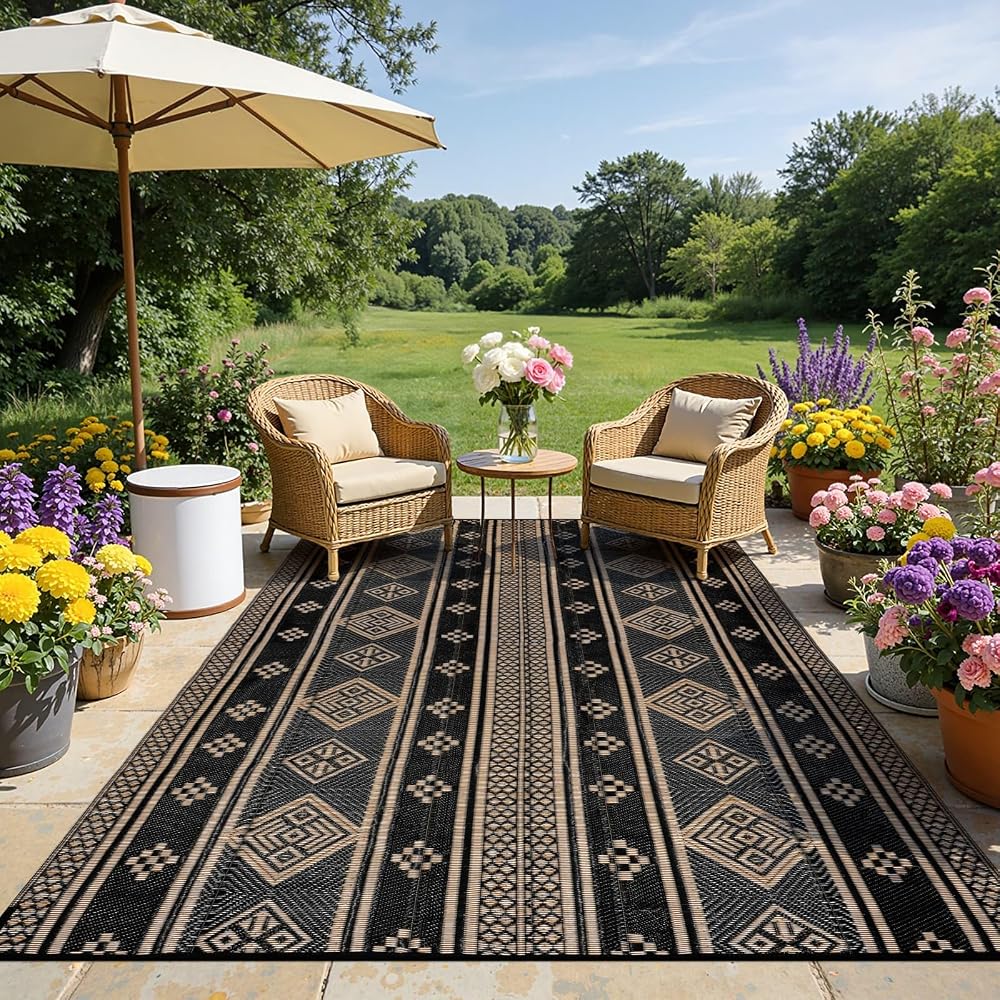 SHACOS Outdoor Rug 270x360 cm Waterproof Reversible Patio Rug Black