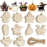 80PCS Wooden Halloween Ornaments to Paint Fall Decorations Crafts for Kids, 10 Styles DIY Blank Autumn Unfinished Skull Pumpkin Ghost Bat Boo Witch Feet Spiderweb Halloween Cutouts for Party Hanging