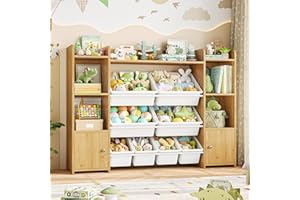 FOTOSOK 55''Large Toy Storage Organizer with 8 Toy Bins, Toy Organizers and Storage with Shelf and 6 Storage Cubbies, Bookshe