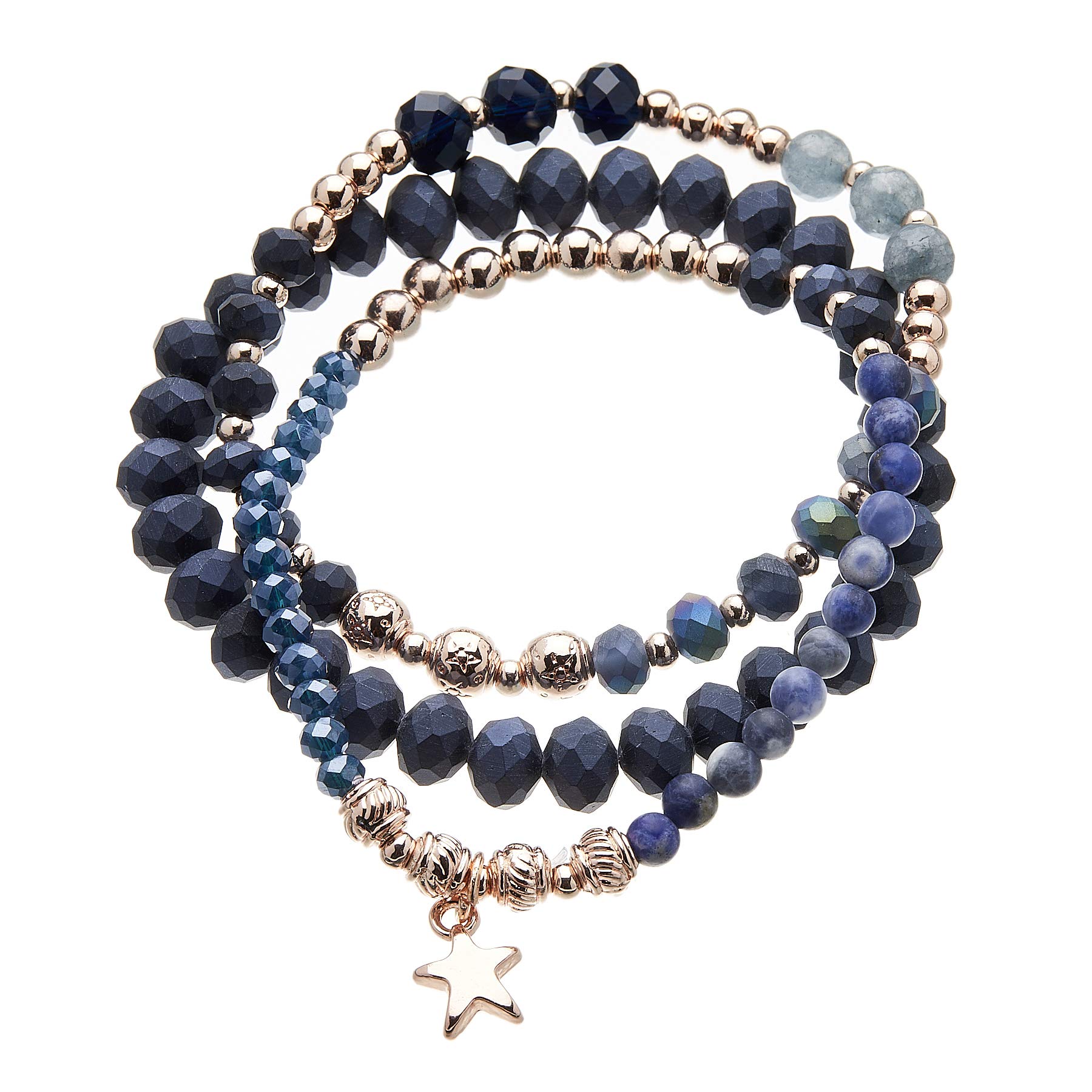 Bello London Three Bracelets with blue and champagne gold plated beads and a star charm - Yori B04-05-07