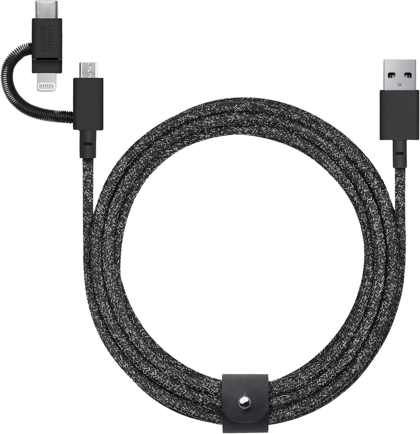 Native Union Belt Cable Universal - 6.5ft Ultra-Strong Reinforced [Apple MFi Certified] Durable Charging Cable with 3-in-1 Adaptor for Lightning, USB-C and Micro-USB Devices (Black)