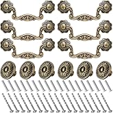 Otoolling 12 Pcs 3" Vintage Drop Bail Drawer Pulls Handles Knobs, Floral | Antique Bronze Brass Handles French Flower Knobs for Drawer Dresser Cabinet Closets, 3" Hole Center, 4" Total Length