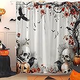 Halloween Skull Shower Curtain Scary Skeleton Vintage Spooky Crow Gothic Floral Tree Bats Spider Web Pumpkin Cool Art Bath Curtain with Hooks