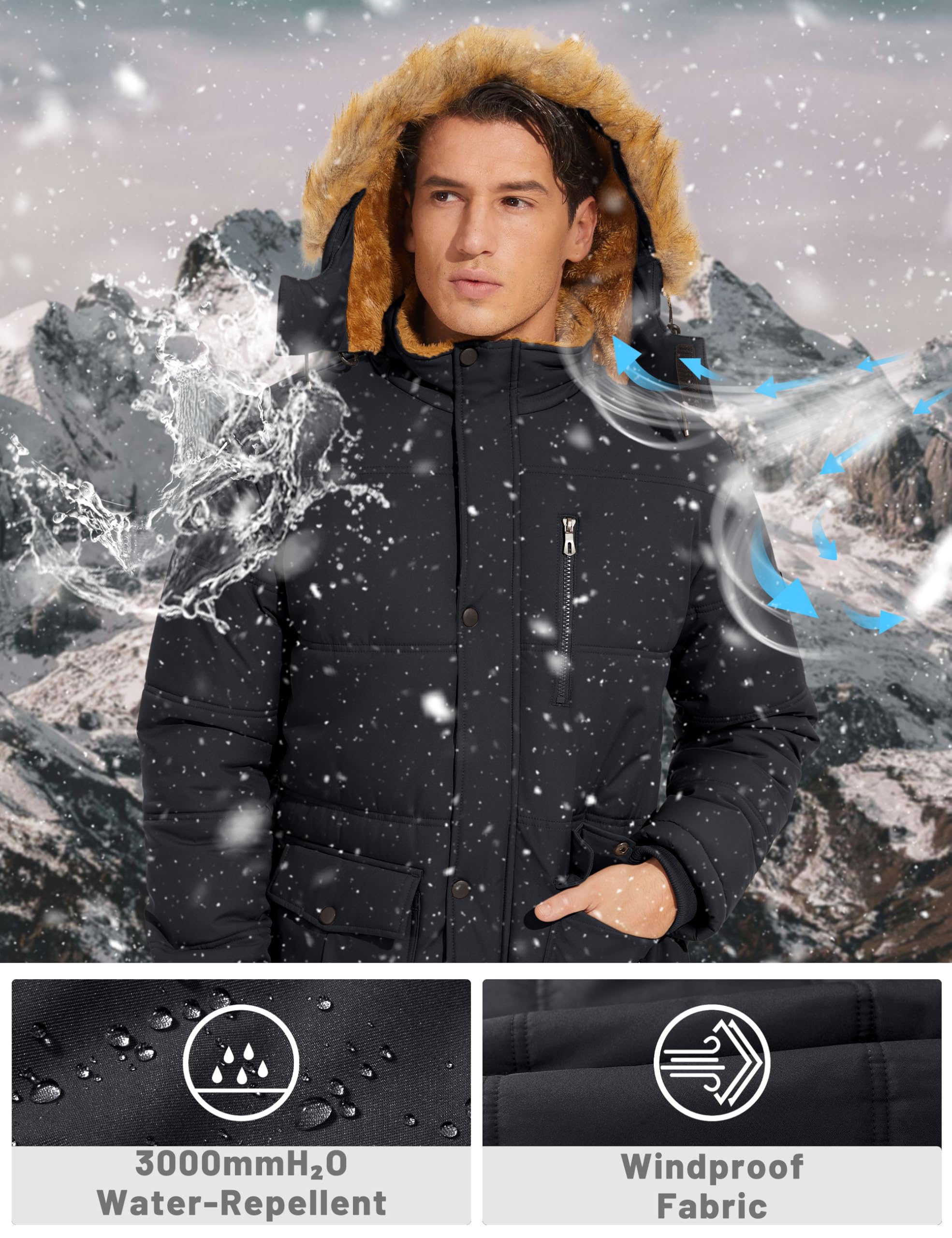 TACVASEN Men's Winter Jacket with Hood Water Repellent Windproof Thicken Parka Winter Coat