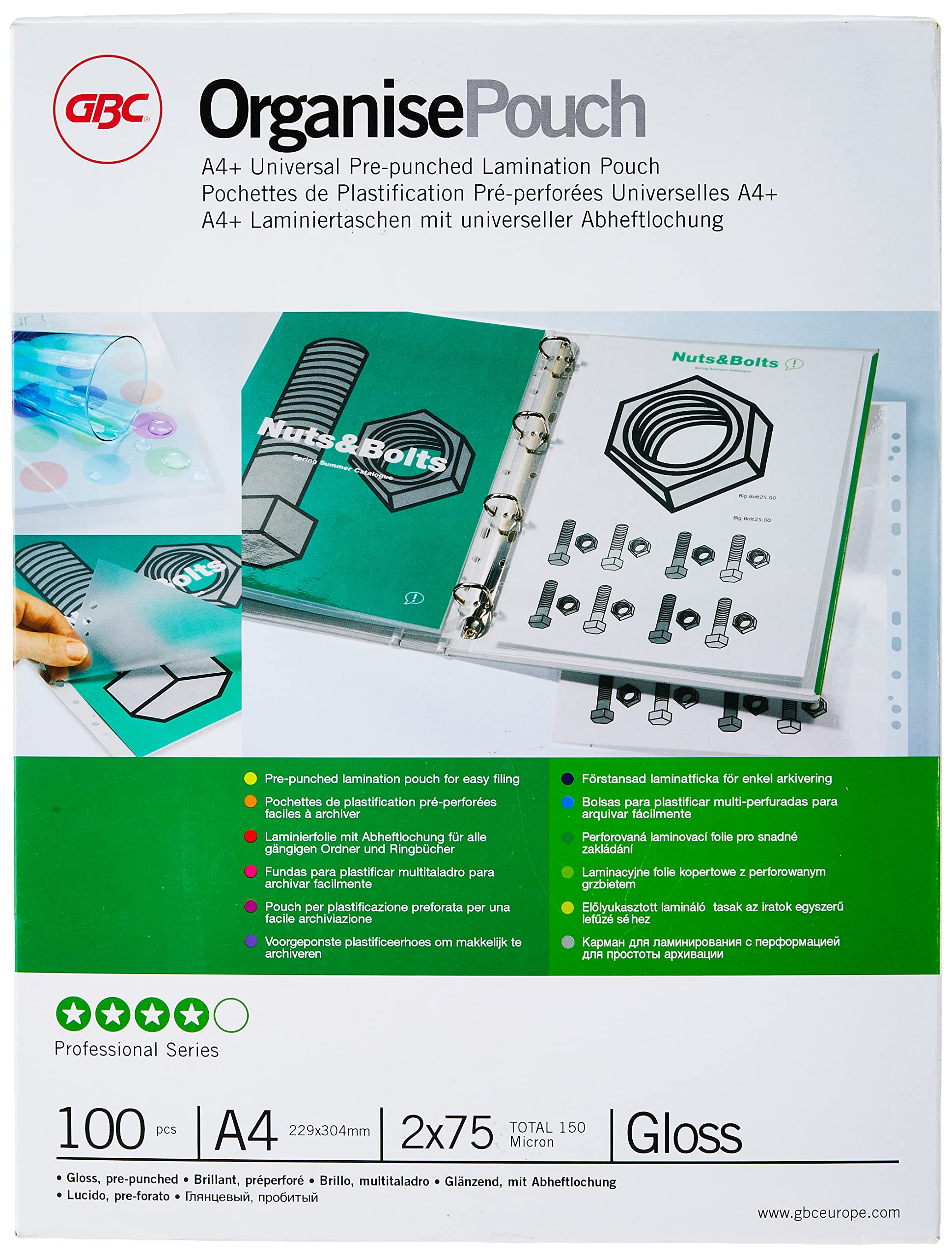 GBC A4+ 2x75 Micron Organise Gloss Laminating Pouches, Pack of 100, 41664E