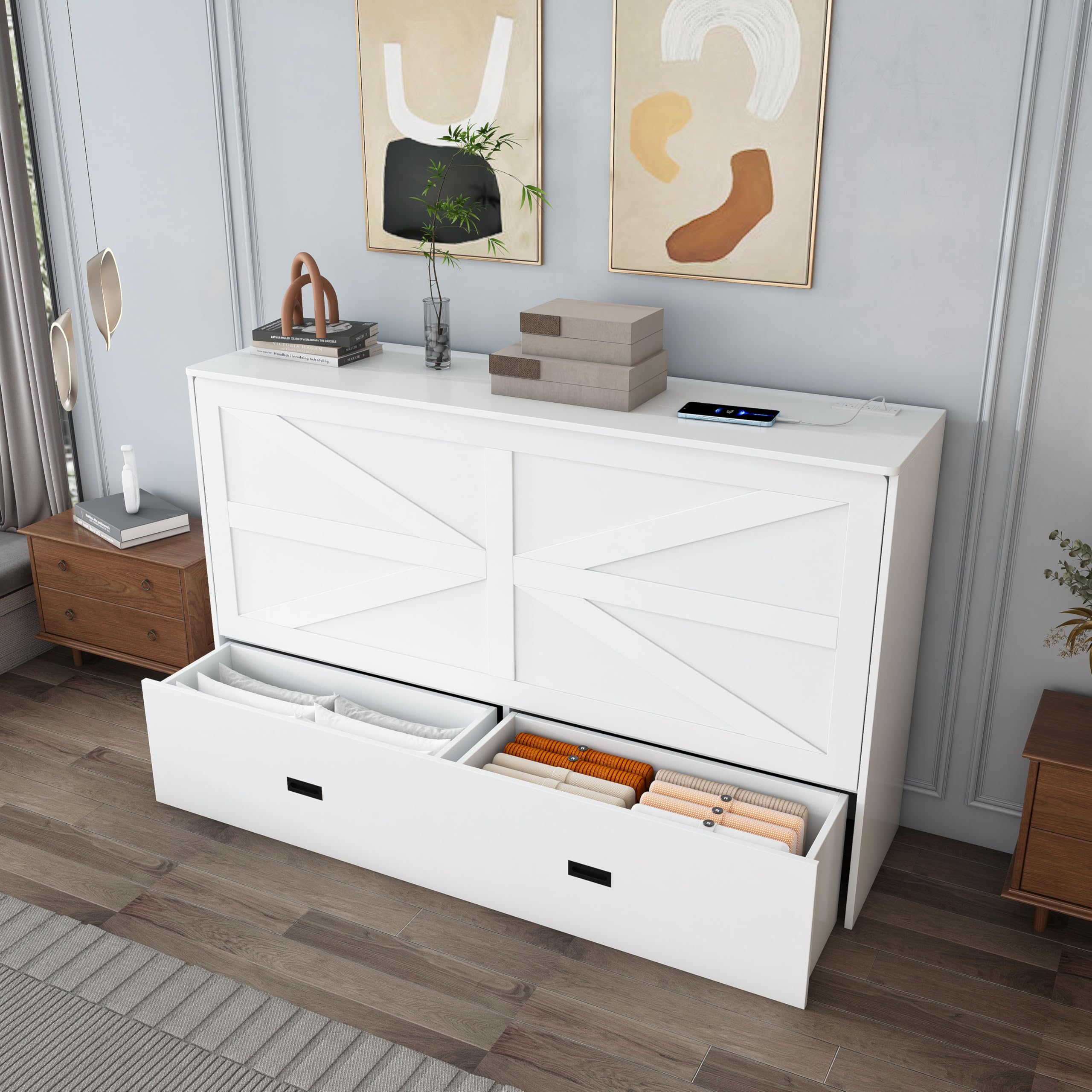 Photo 1 of ***MISSING PARTS -FOLDABLE PANEL ONLY*** Bellemave Full Farmhouse Murphy Cabinet Bed with Foldable Panel, Noisy Free, for Guest Bedroom, Living Room, White ***SOME SCUFFS/SCRATCHES, CORNER EDGE DAMAGE -SELLING AS IS***