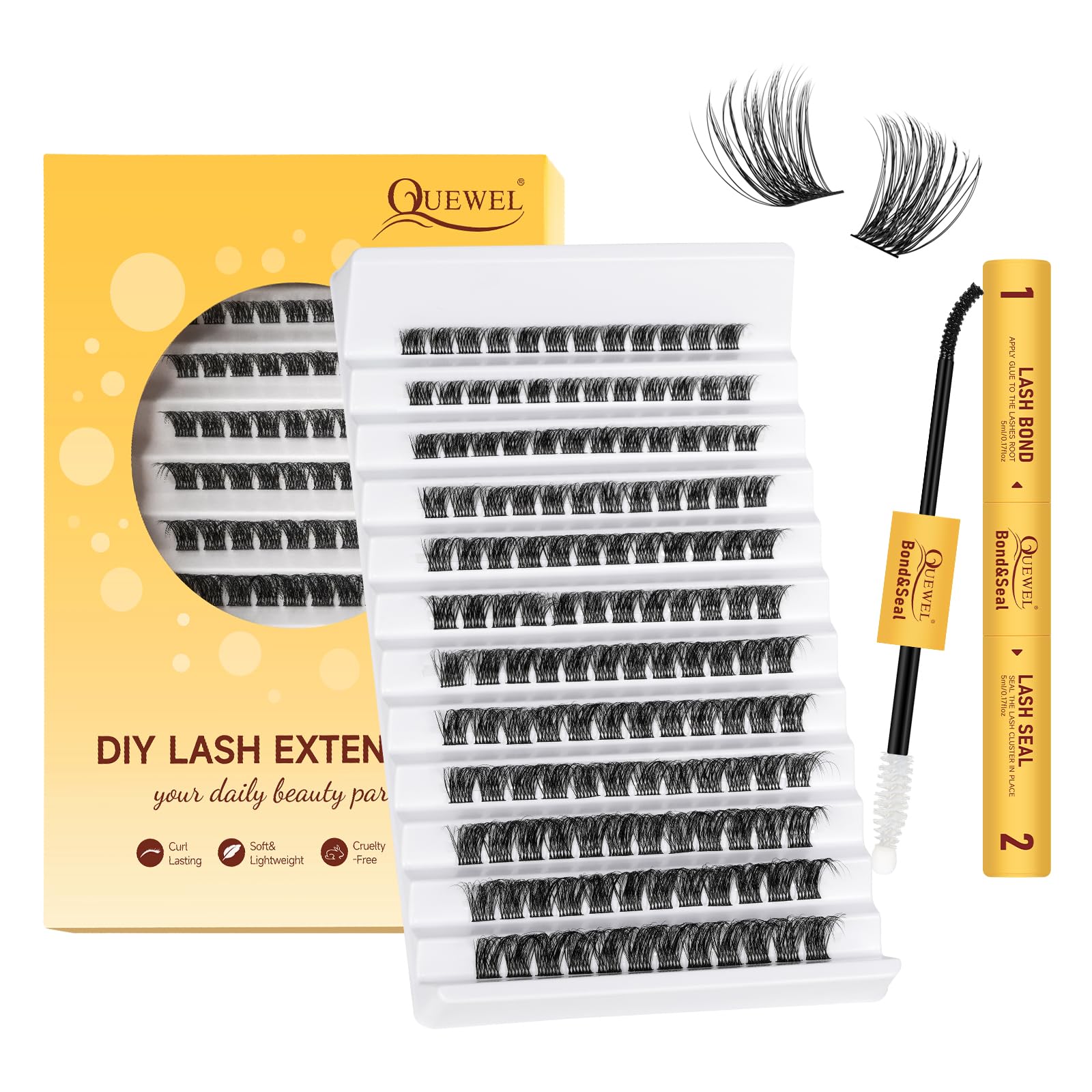 QUEWEL DIY Lash-Extensions Kit MIX10-18mm Lash-Clusters with Bond&Seal Super Hold, Cluster-Lashes and Long Lasting Suitable for Beginners to Complete Cluster Eyelash Extensions at Home(T-F04) — image 1