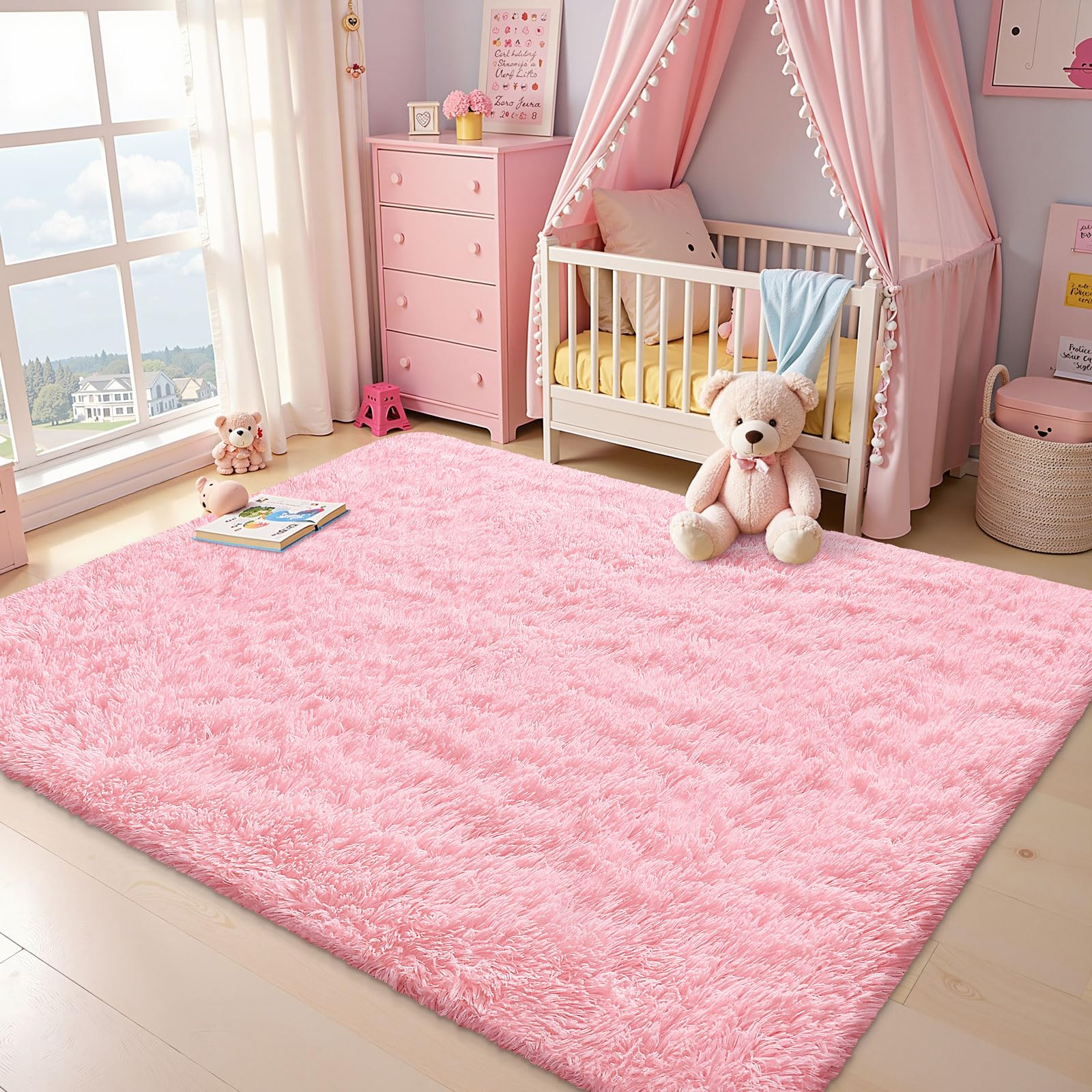 Photo 1 of OLANLY Area Rugs for Living Room Bedroom, Machine Washable 4x5.9 ft Soft Fluffy Shaggy Bedside Rug, Indoor Floor Carpet for Kids Girls and Boys, Dorms, Nursery Rooms, Home Decor Aesthetic, Pink