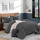 Andency Black Grid Comforter Set Twin Size (66x90 Inch), 2 Pieces(1 Grid Comforter and 1 Pillowcase), Summer Lightweight Microfiber Down Alternative Black Comforter with White Lines for Kids Girls