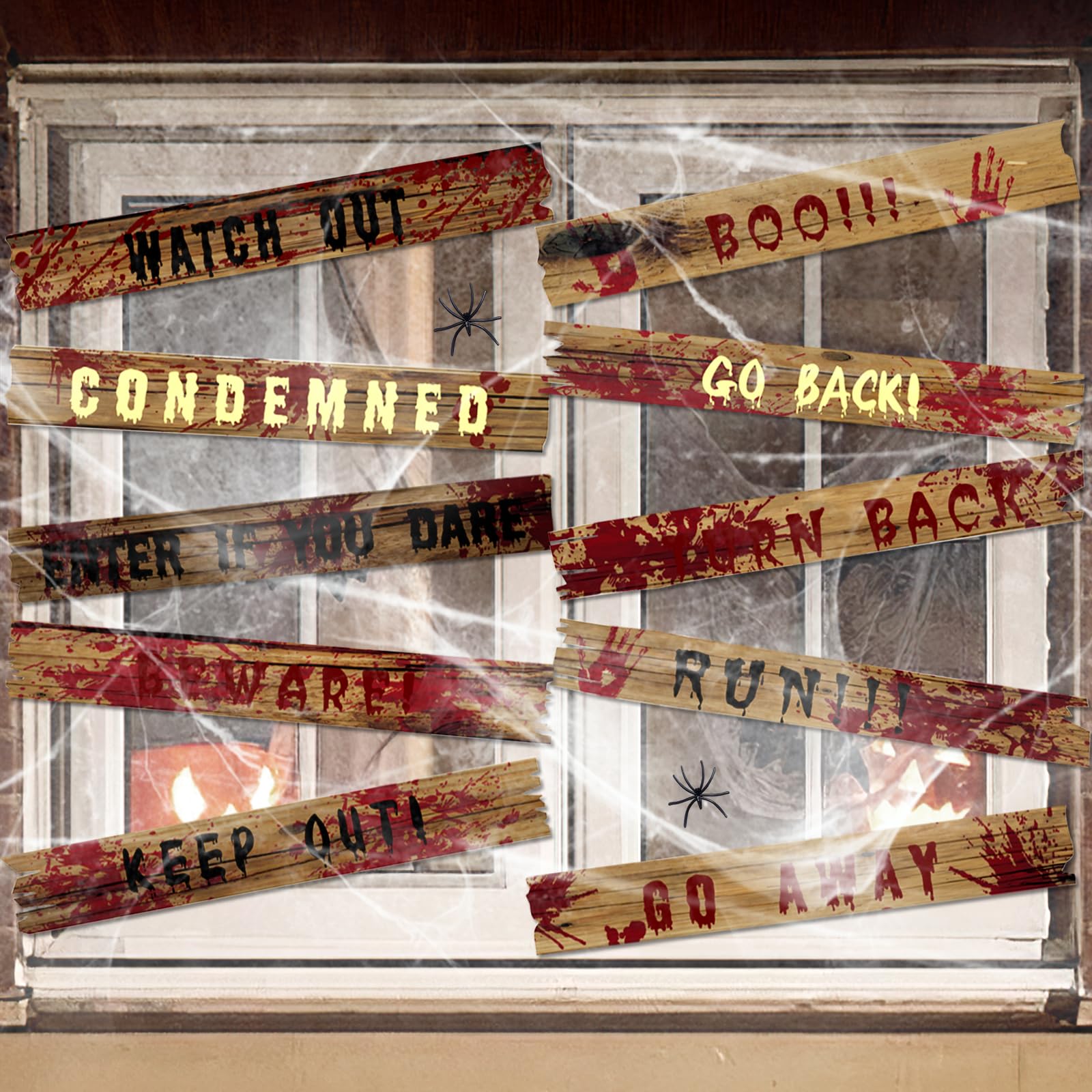 Photo 1 of 10 PCS Halloween Haunted Window Boards Decorations, Halloween Warning Signs with Spider Webs and 2 Fake Spiders, Waterproof Scary Beware Sign for Halloween Outdoor Party Door House Decoration