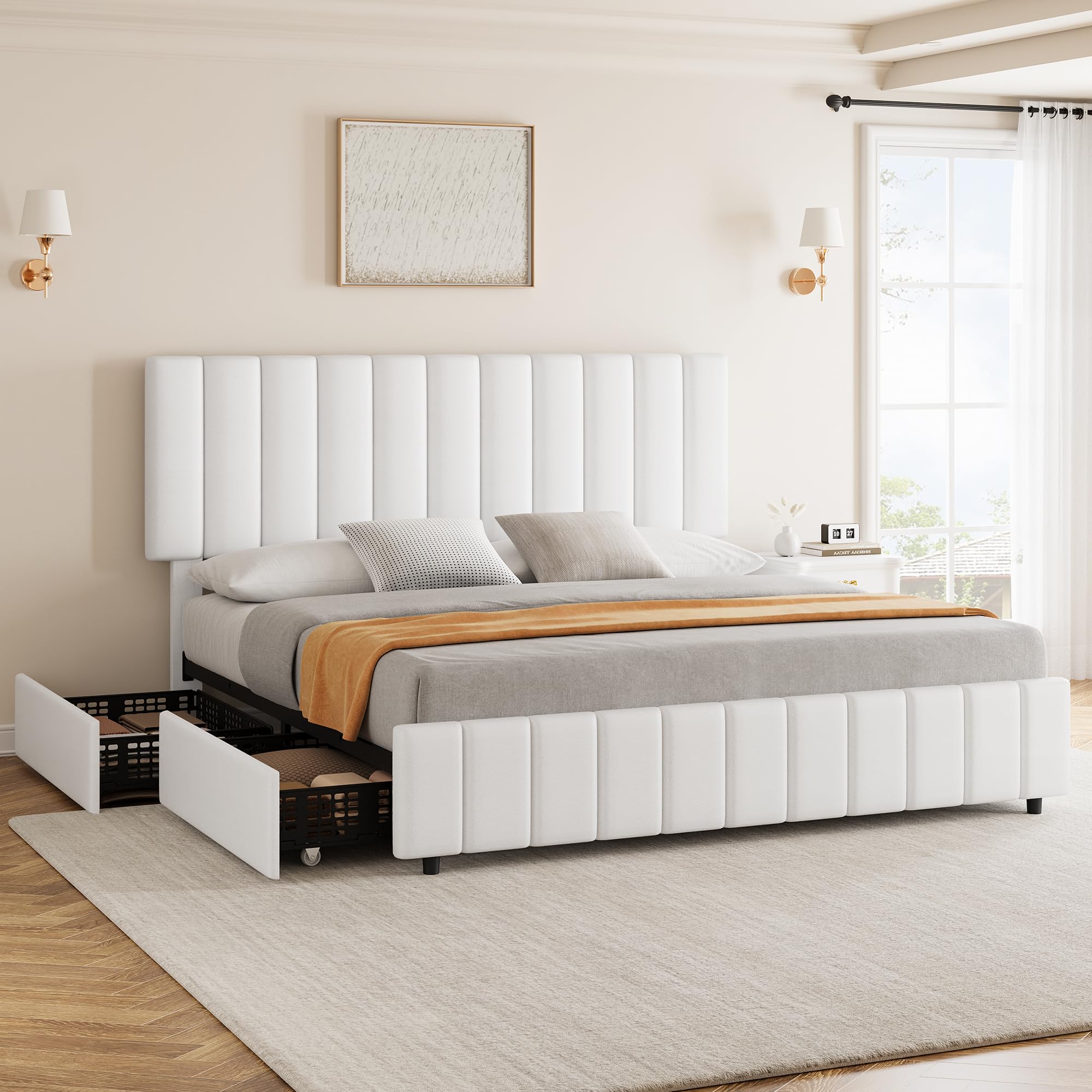 Photo 1 of **SIMILAR ITEMS**GarveeHome Queen PU Leather Upholstered Platform Bed Frame with 4 Storage Drawers, Adjustable Headboard, Wooden Slats Support, No Box Spring Needed, White