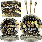 96Pcs Thank You Party Decorations We Appreciate You Plates and Napkins, Black Gold Appreciation Paper Plates for Teachers Employee Staff Pastor Volunteer, Retirement Party Decor Serve 24
