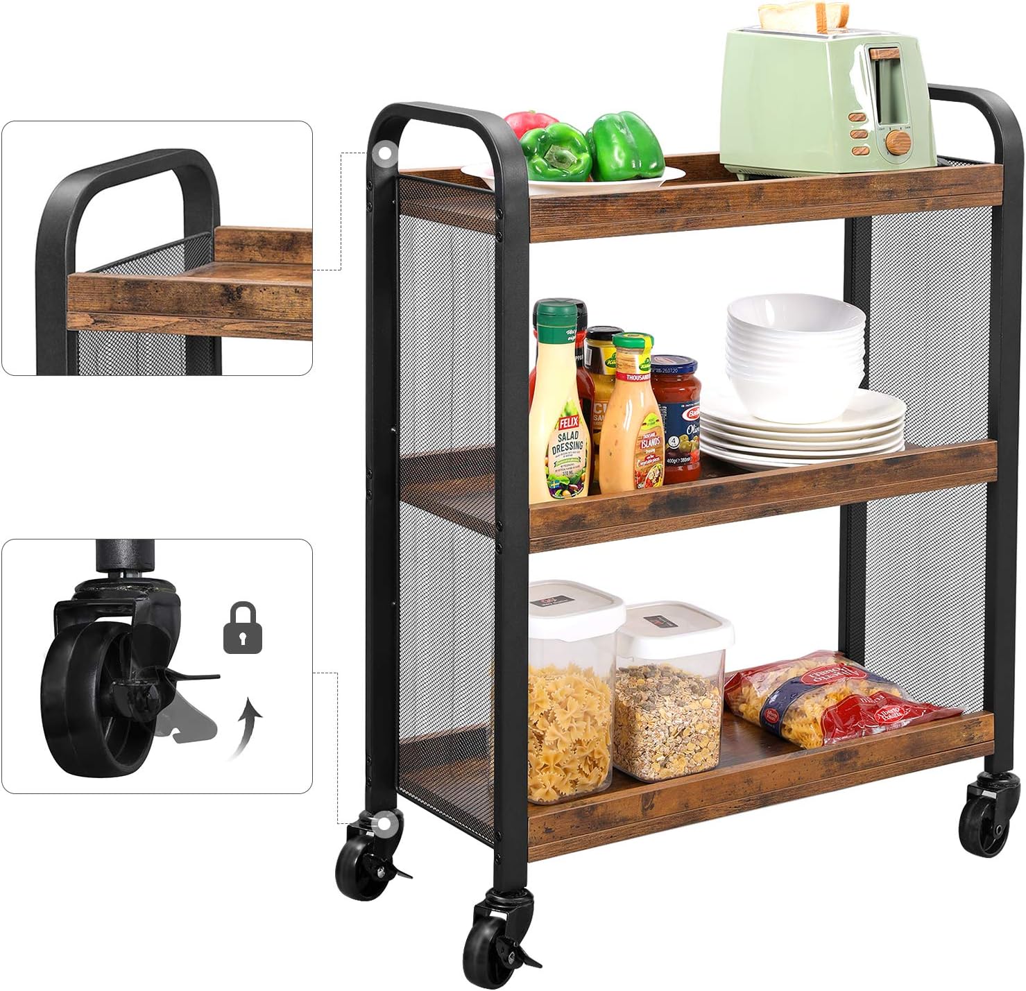 VASAGLE DAINTREE Serving Cart, Slim Kitchen Cart for Narrow Spaces, Rolling Storage Cart and Organizer Utility Cart with Casters Wheels, Easy Assembly, for Kitchen, Bathroom, Rustic Brown ULRC66BX - Kitchen Islands & Carts