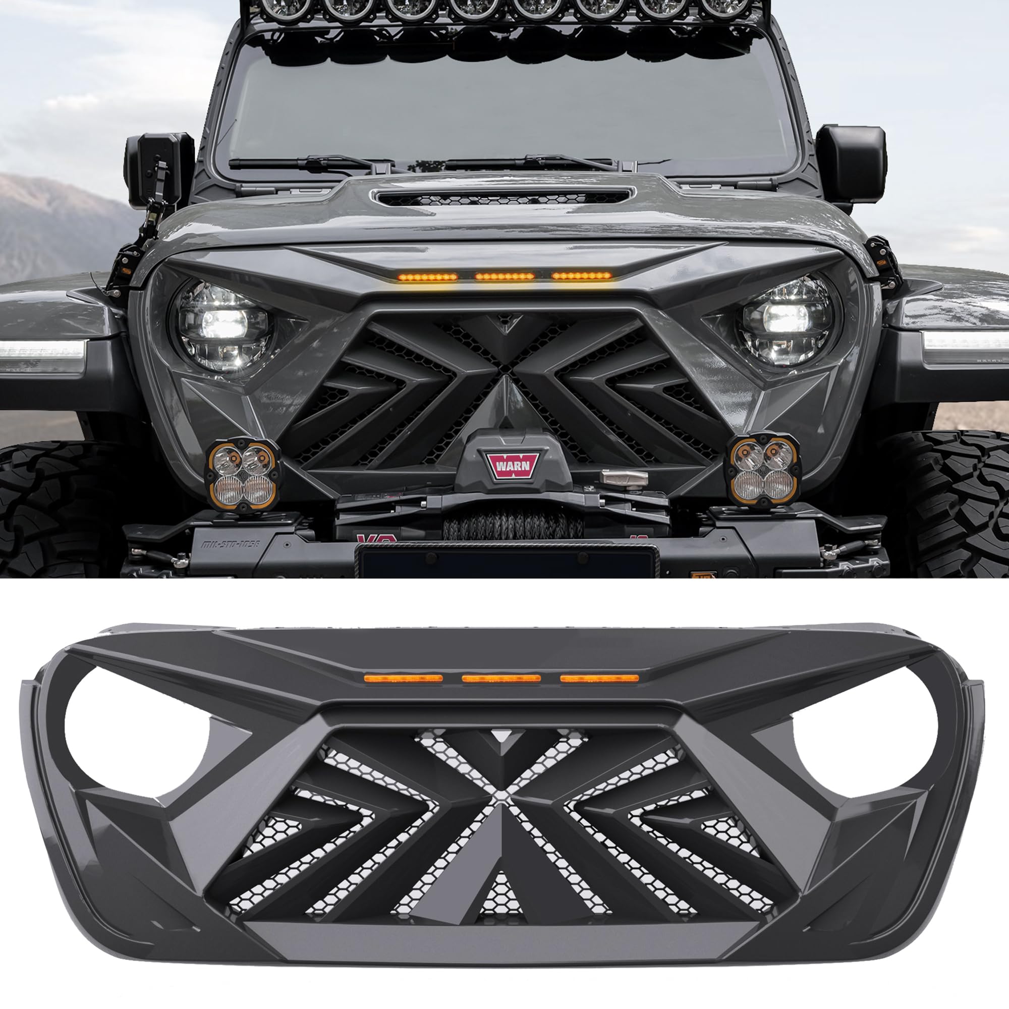 Photo 1 of Seven Sparta Front Grill with 3 Amber LED Lights Compatible with 2018-2024 Jeep Wrangler JL JLU Gladiator JT, ABS Mesh Grille Without Camera Hole (Gloss Black)