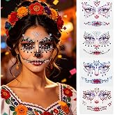 Halloween Face Gems Jewels Tattoos 4 Pack, Day of the Death Skull Stickers | Rhinestone Face Jewels Stickers for Halloween Gems Temporary Tattoos, Makeup Kit Stickers for Cosplay Horror Party Supplies