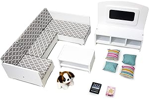 Playtime by Eimmie 18 Inch Furniture Couch for Doll House with Living Room Accessories, TV & Pets - Wood Set - Fits American, Generation, My Life & Similar Brand 14-18in Girl Toys