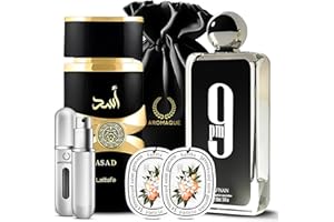 AROMAQUE Gift Set Bundle of 9 pm Afnan and Lattafa Asad Perfume Men 3.4oz EDP 1 Empty Travel Refillable Bottle & 4 Car Freshener Cards in a Satin Gift Bag