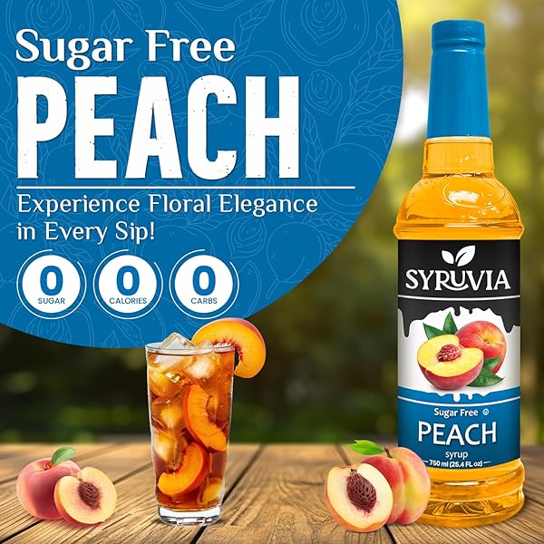 SYRUVIA SUGAR-FREE PEACH SYRUP, FLAVORED SYRUP FOR DRINKS, COCKTAILS, LEMONADES, ICED TEAS, AND DESSERTS – 25.4 FL OZ