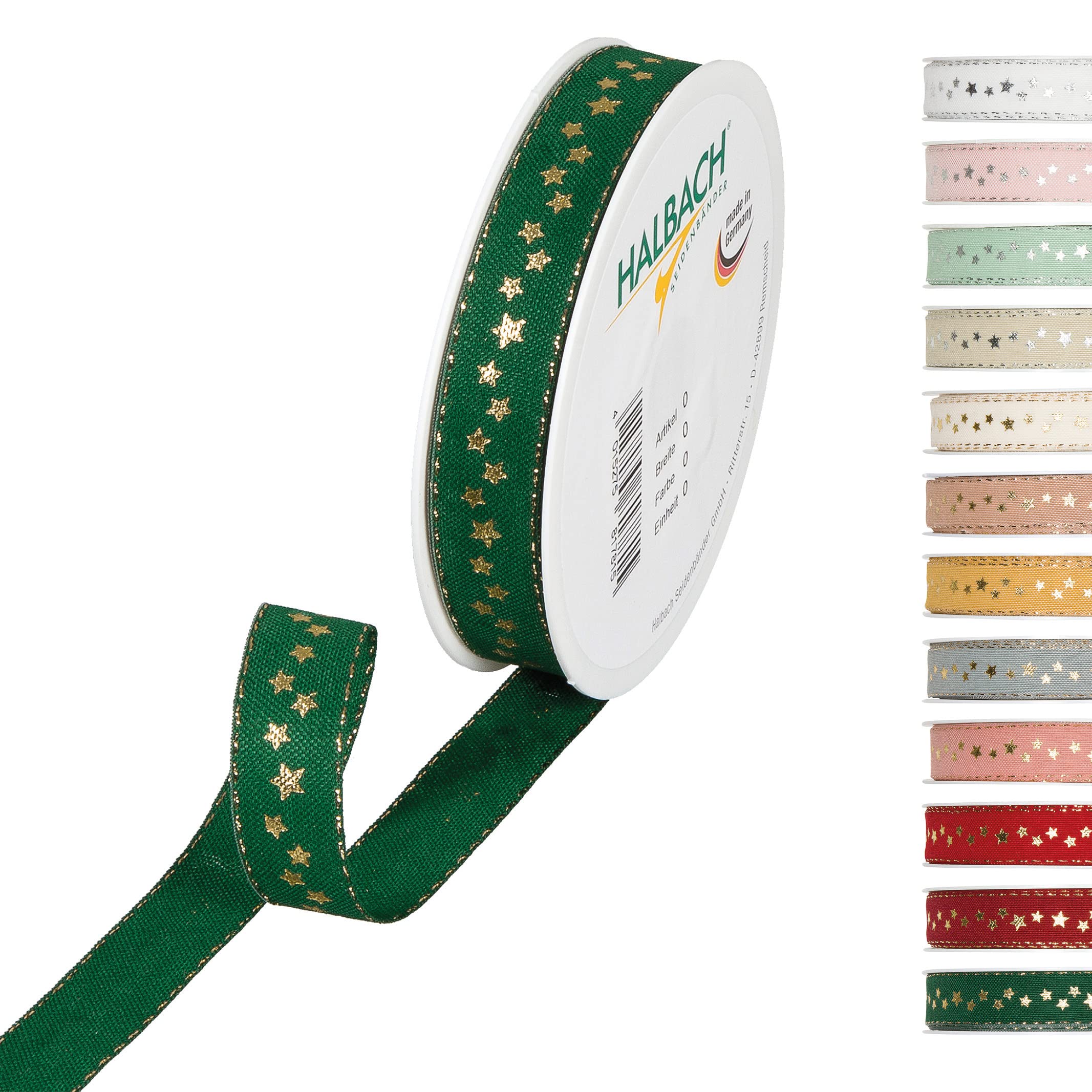 Halbach Seidenbänder Christmas Ribbon 15mm x 18m Christmas Gift Wrapping Ribbon Christmas Gift Wrapping Ribbon with Gold Stars and Lurex Edges - Green