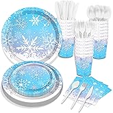 116 Pcs Snowflake Winter Wonderland Birthday Party Supplies Tableware Set Serves 16, Christmas Snowflake Paper Plates Dessert Paper Plate Napkins Cups Forks Kit for X'mas Winter Party Holiday Supplies