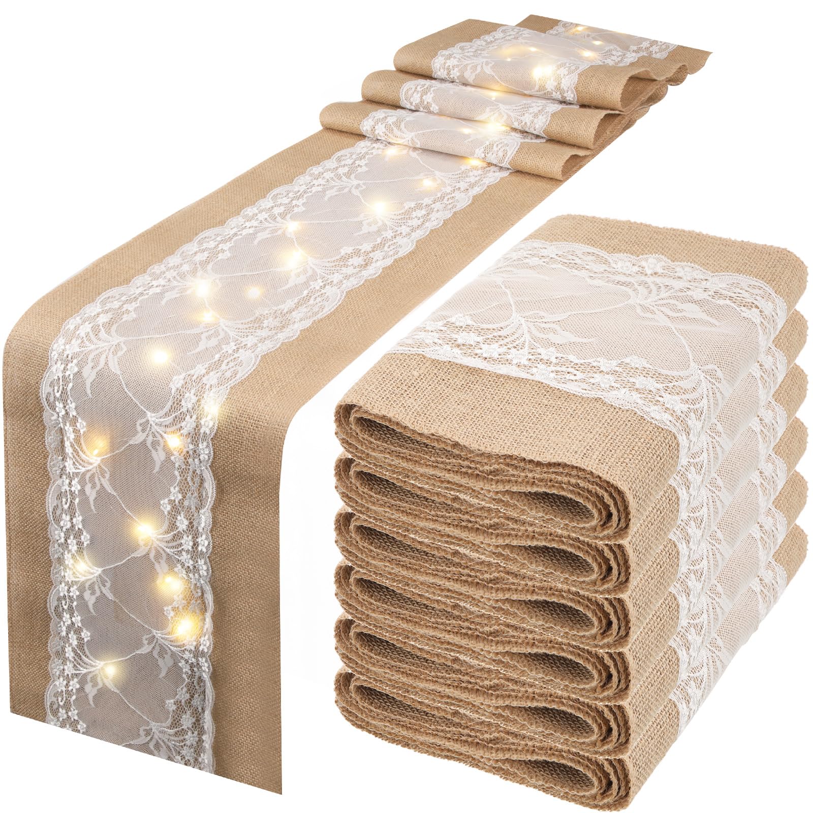 Photo 1 of Xinnun 6 Pack Burlap Table Runner with LED String Lights, Modern Rustic Lace Natural Vintage Boho Jute Wedding Table Decor for Farmhouse Thanksgiving Christmas(Farmhouse Rustic Burlap,12x70 Inches)