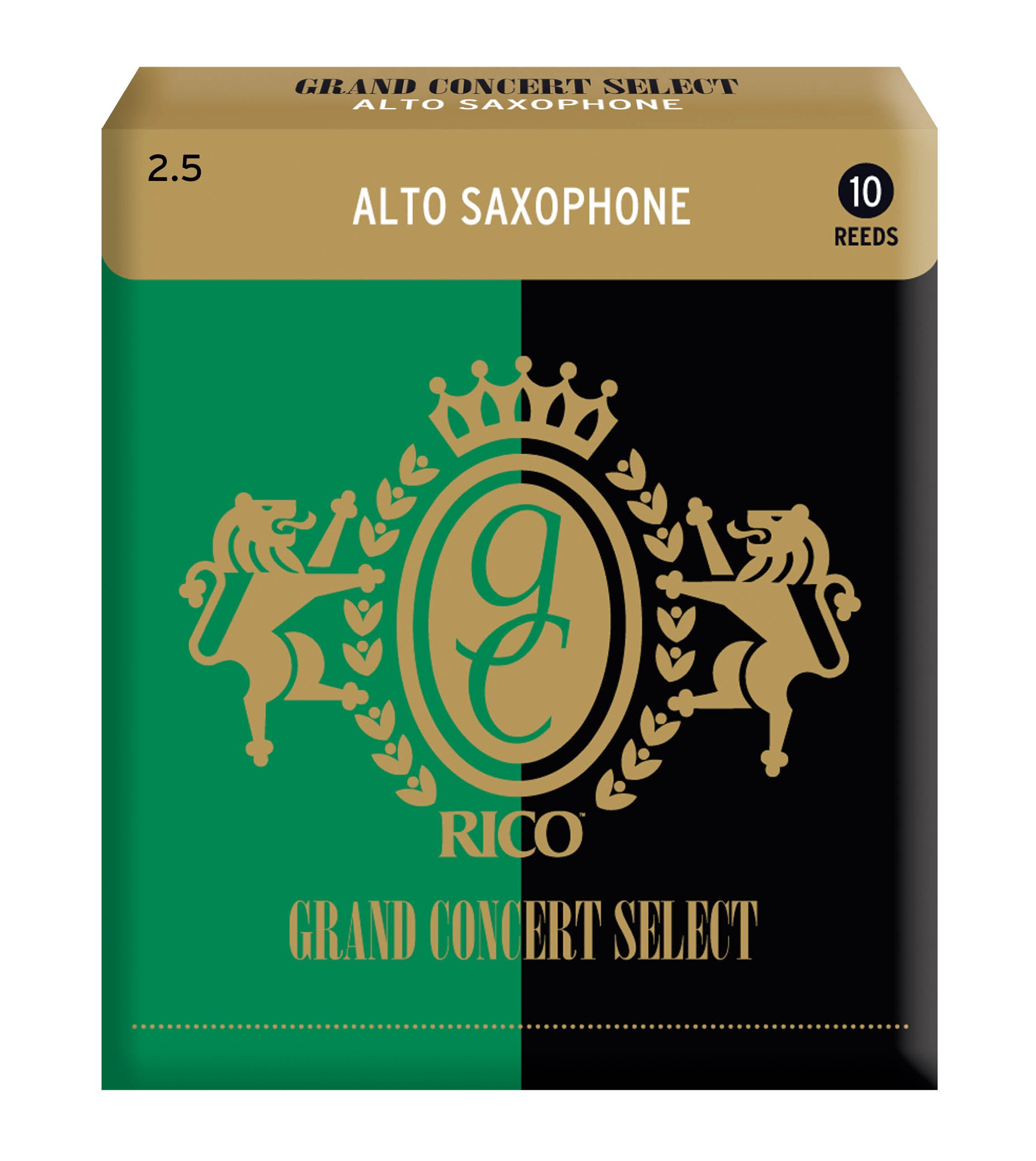 Rico Saxophone Reeds - Grand Concert Select Alto Sax Reeds - Balanced Spine & Tip for Ease of Play, Thicker Heel for Depth, Balanced Rails for Tone - Alto Saxophone Reeds 2.5 Strength, 10-Pack