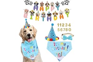 AGIRLVCT Dog Birthday Decorations, Puppy Birthday Party Outfits,Birthday Hat/Bow Tie/Bandana/Happy Birthday Banner,Pet Theme Suit Apparel & Accessories for Boy Golden Doodle Teddy Husky Labrador (4PCS Blue)
