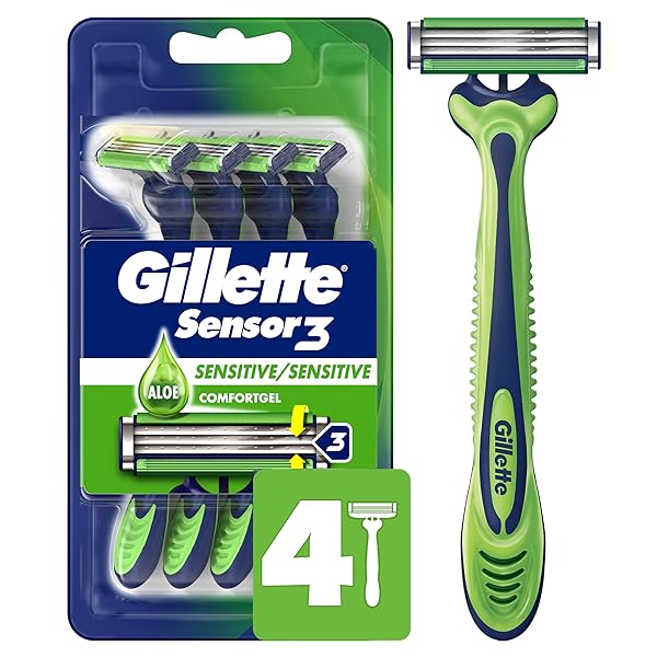GILLETTE SENSOR3 SENSITIVE MEN’S DISPOSABLE RAZOR, 4 RAZORS