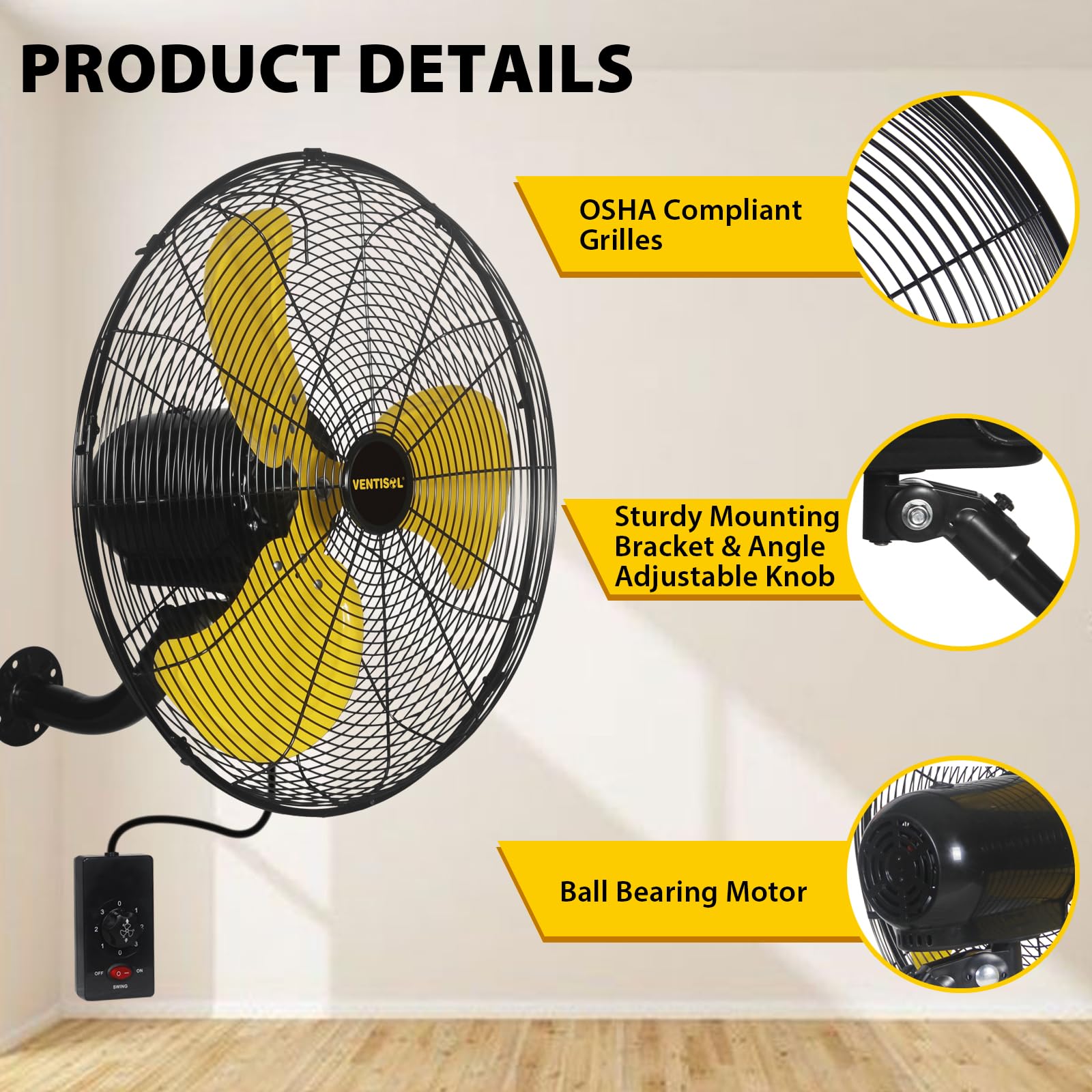 VENTISOL 18 Inch 3-Speed High Velocity Oscillating Wall Fan, 4,200 CFM, 90-Degree Oscillation for Household, Workshops, Shops, Commercial, Patios