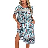 ETOSELL Women's V-Neck Floral Nightgown Short Sleeve Mid-Length Sleepwear with Pockets Casual Comfortable Nightie Dress