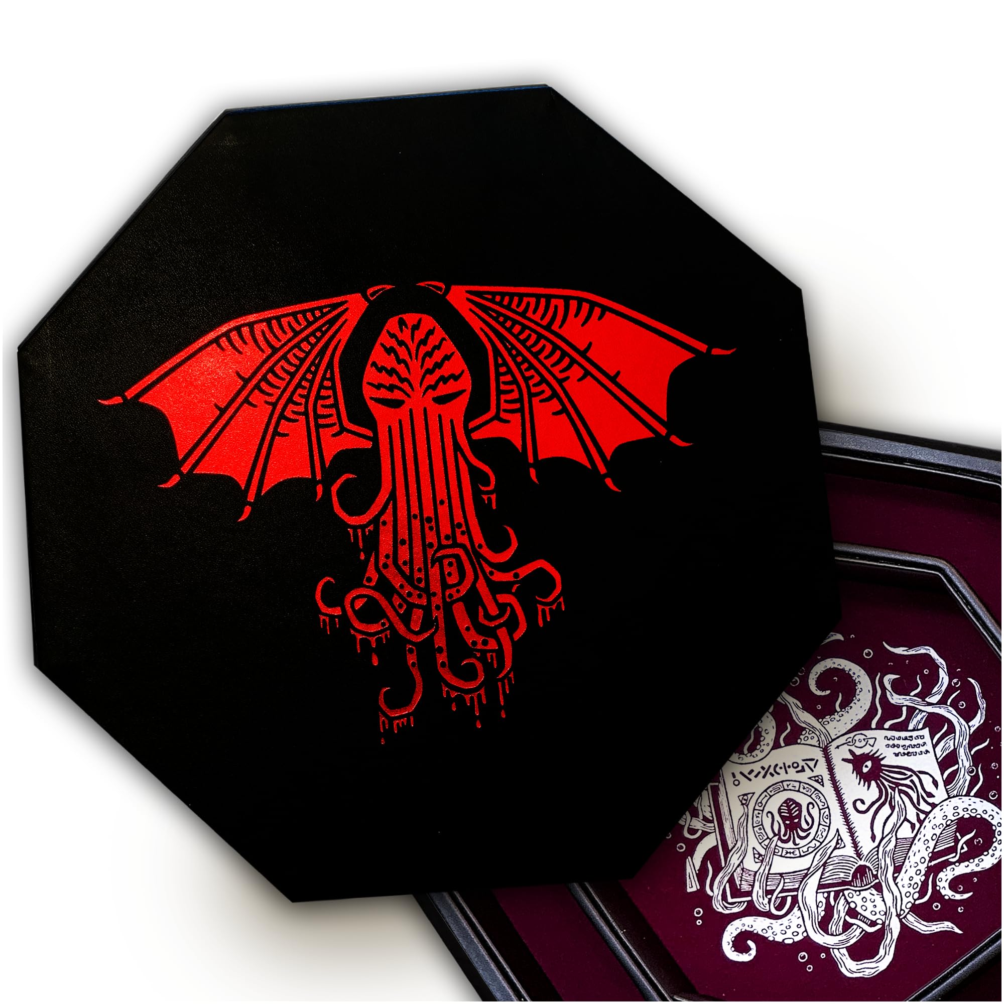 Fantasydice-CTHULHU TOME-RED- Dice Storage And Rolling Tray - 20CM Octagon with Lid and Dice Staging Area- Holds 5 Sets(7 Dice Set/Standard) for All Tabletop RPGs