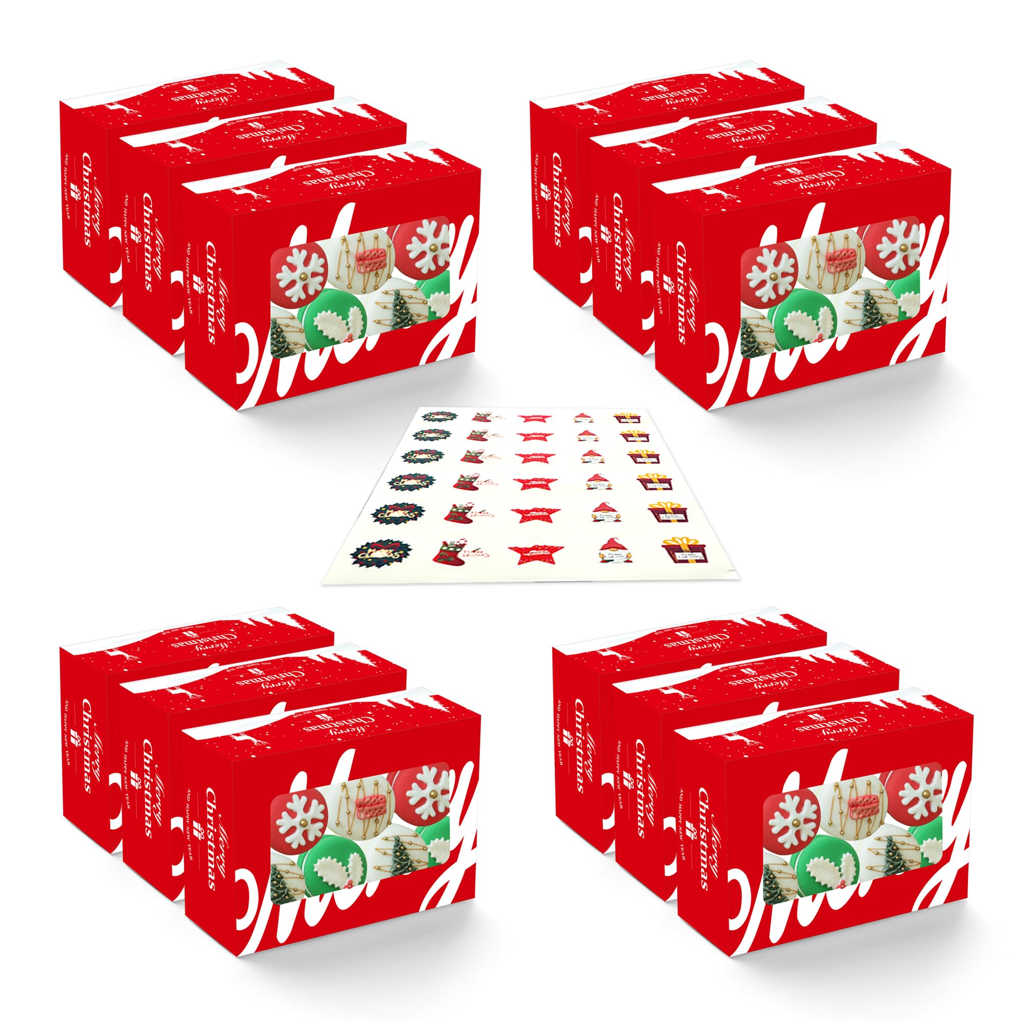Photo 1 of wraphay 30pack Holiday Patterns Christmas Cookies Boxes with Window Red Xmas Macaron Packaging Boxes 8.3x5x2.2 Inches Macaron Container Bakery Boxes Strawberry Chocolate Covered Treat Boxes