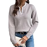 V Neck Sweaters for Women, Long Sleeve Lace Trim Knit Sweater Fall Casual Lightweight Pullover Top